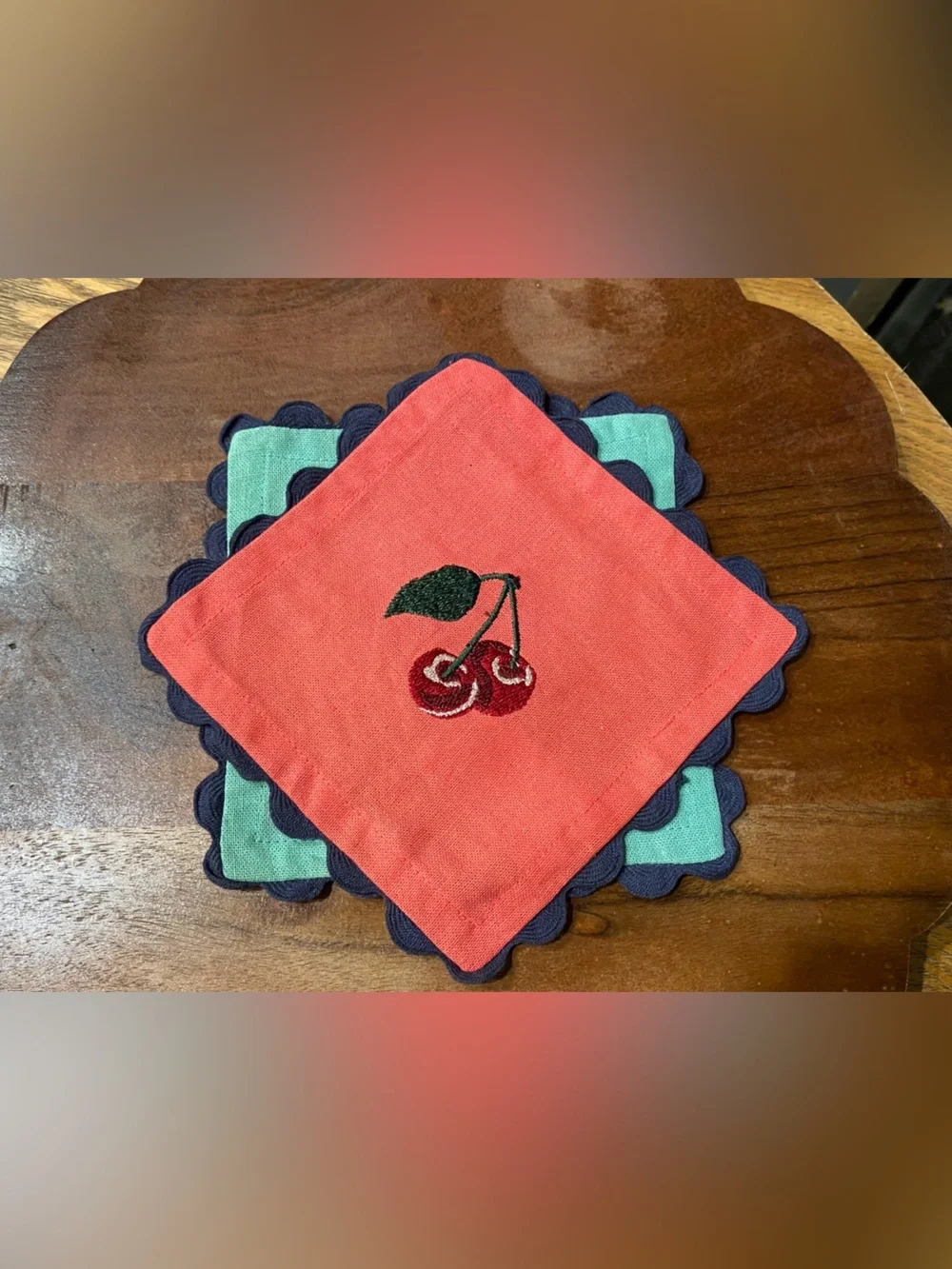 Anthropologie Embroidered Cherry Scalloped Linen Coasters Set of 2